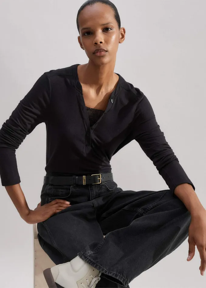 Women Lace Trim Long Sleeve Top Black MEEM