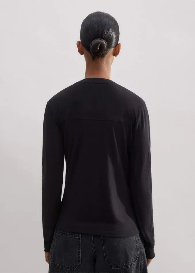 Women Lace Trim Long Sleeve Top Black MEEM