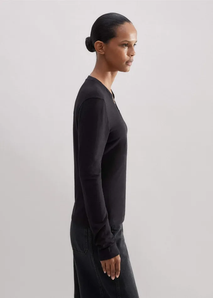 Women Lace Trim Long Sleeve Top Black MEEM