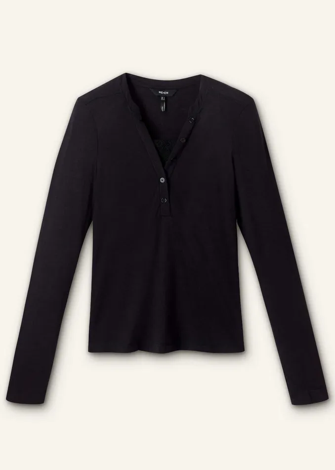 Women Lace Trim Long Sleeve Top Black MEEM