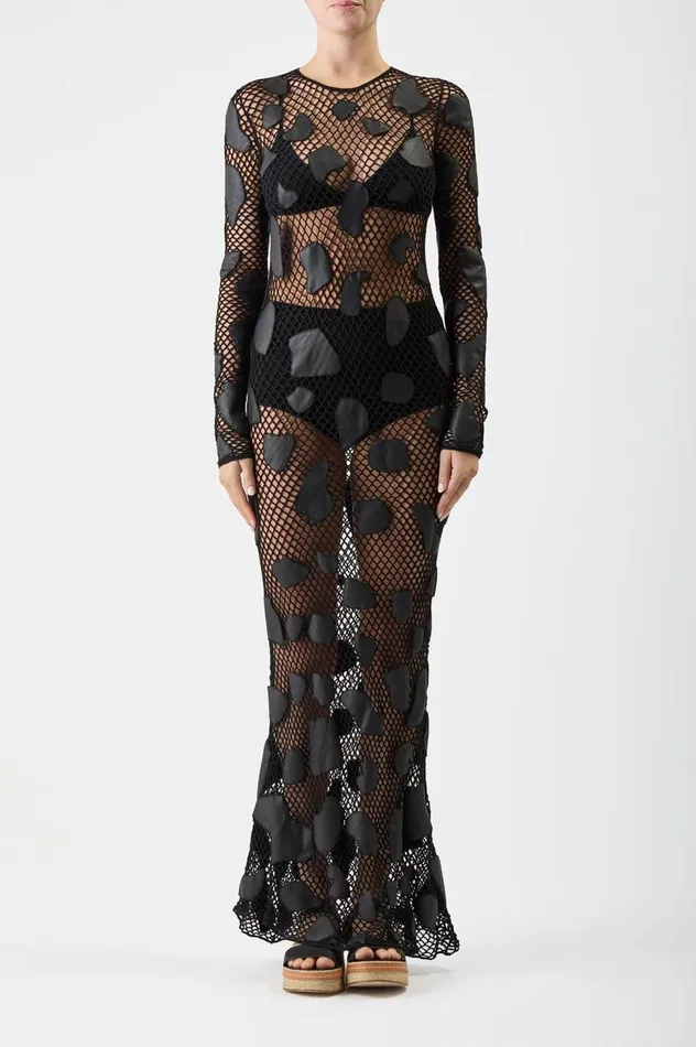 Women Leathers Gabriela Hearst Romeo Knit Dress In Black Merino Wool With Nappa Leather Patches