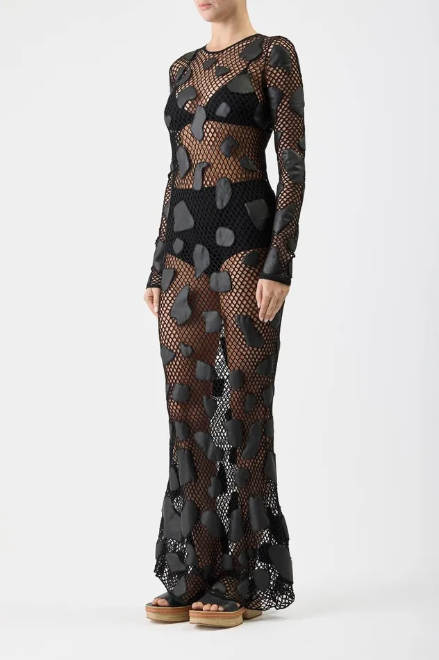 Women Leathers Gabriela Hearst Romeo Knit Dress In Black Merino Wool With Nappa Leather Patches