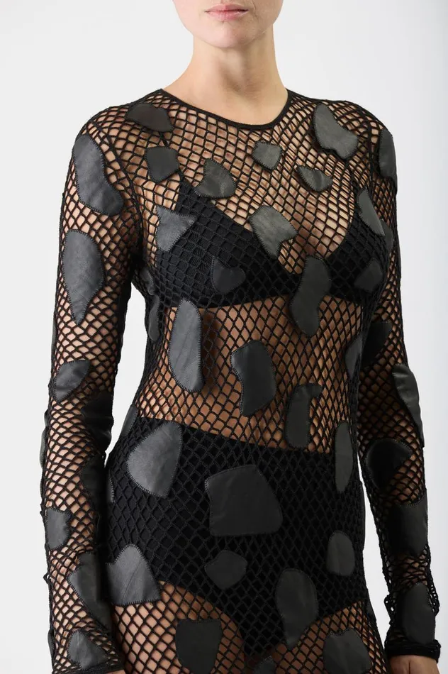 Women Leathers Gabriela Hearst Romeo Knit Dress In Black Merino Wool With Nappa Leather Patches