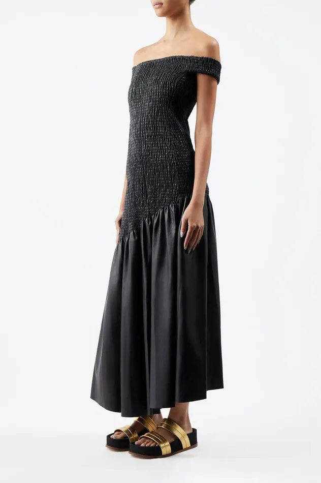Women Leathers Gabriela Hearst Veloso Shirred Dress In Black Nappa Leather