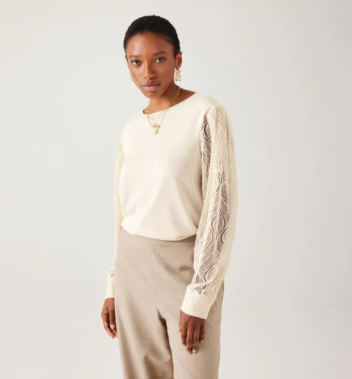 Women Lightweight LaceDetail Jumper 8211 Ecru Promod Jumpers And Cardigans