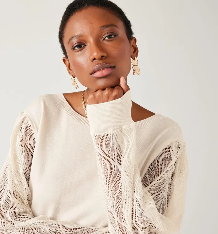 Women Lightweight LaceDetail Jumper 8211 Ecru Promod Jumpers And Cardigans Women Lightweight LaceDetail Jumper 8211 Ecru Promod Jumpers And Cardigans