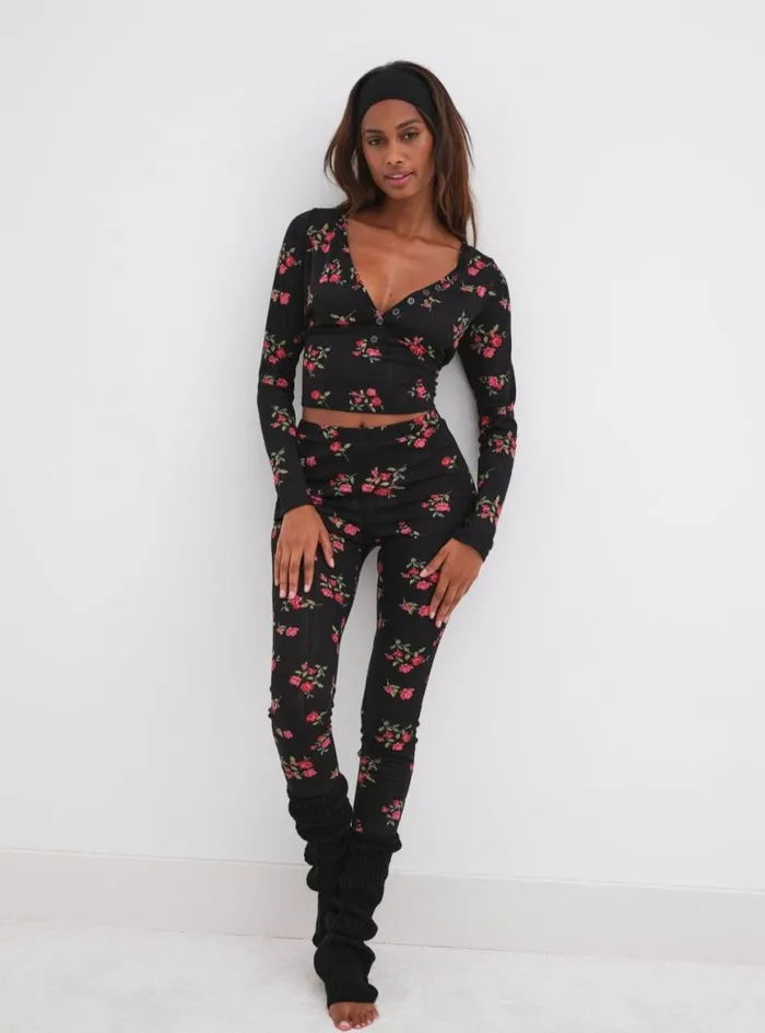 Women Lingerie For Love and Lemons Pointelle Long Sleeve Sleep Set Black