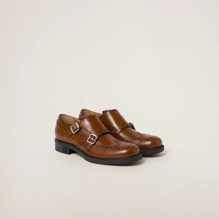 Women Loafers And LaceUps Miu Miu Church039s X Miu Miu Brushed Leather Double Monk Brogue Shoes Tobacco