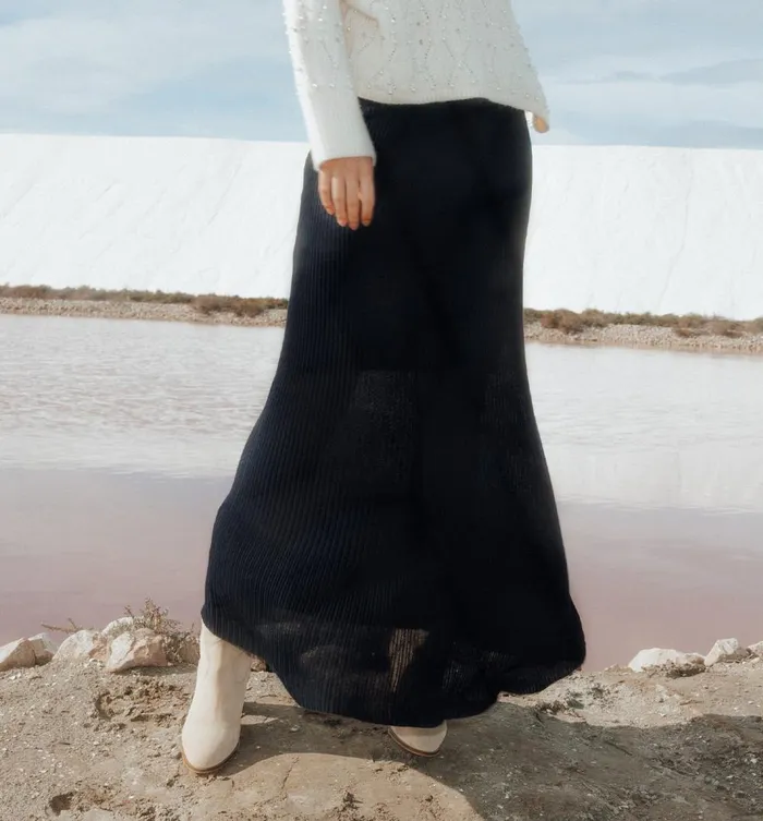 Women Long Ribbed Skirt 8211 Black Promod Skirts
