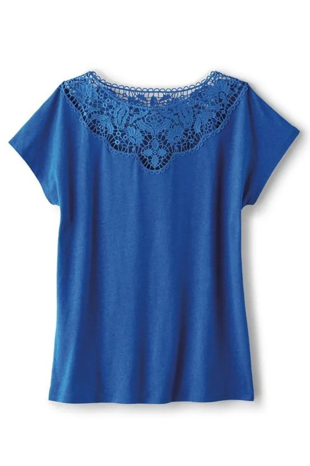 Women Luella Linen Blend Lace Tee Sapphire Soft Surroundings Tops