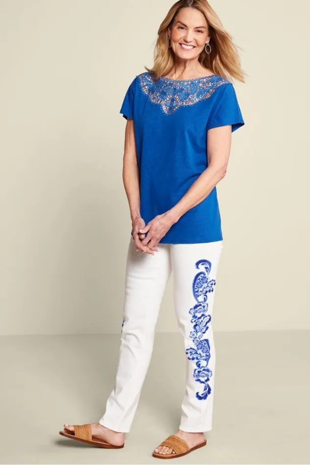 Women Luella Linen Blend Lace Tee Sapphire Soft Surroundings Tops