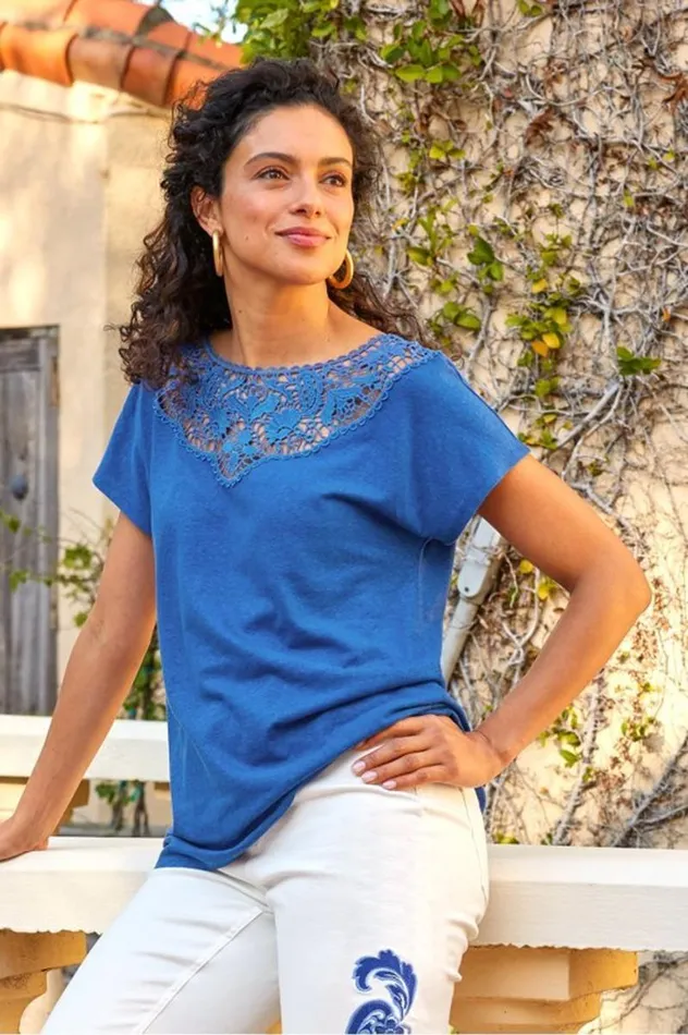 Women Luella Linen Blend Lace Tee Sapphire Soft Surroundings Tops