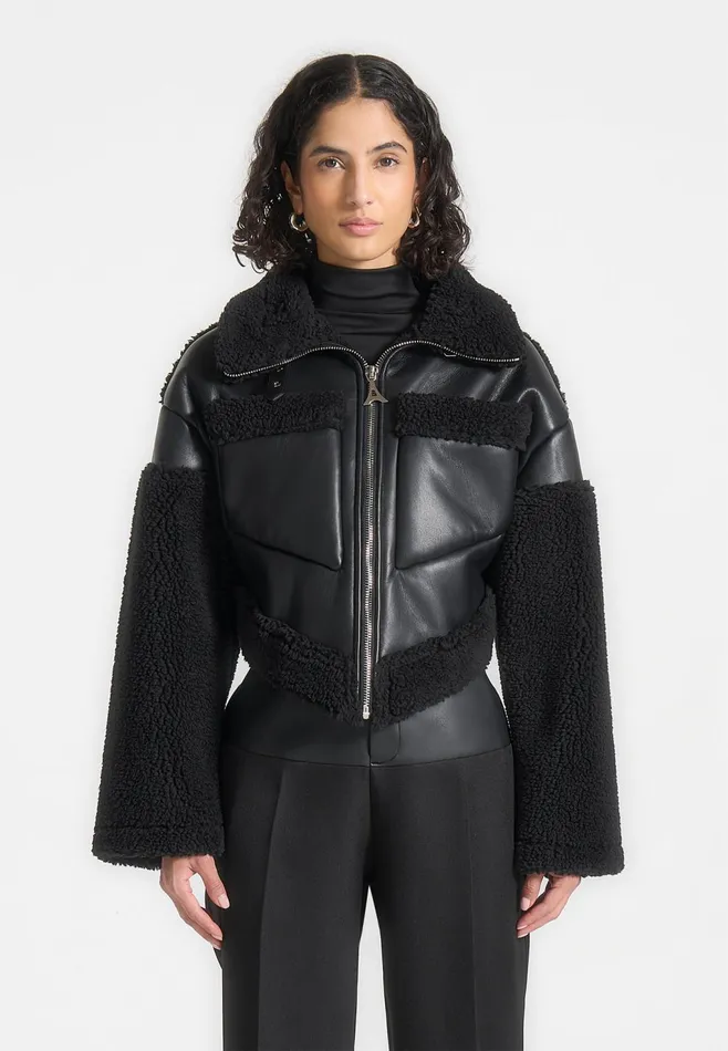 Women Manire De Voir Angular Hem Leather Borg Biker Jacket Black