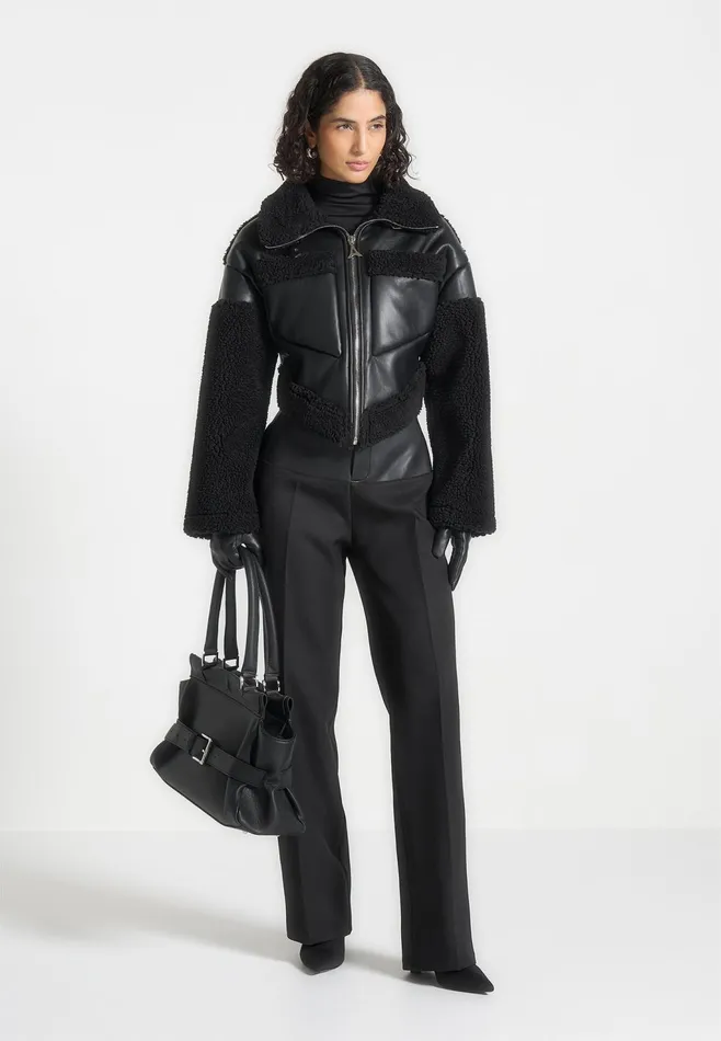 Women Manire De Voir Angular Hem Leather Borg Biker Jacket Black