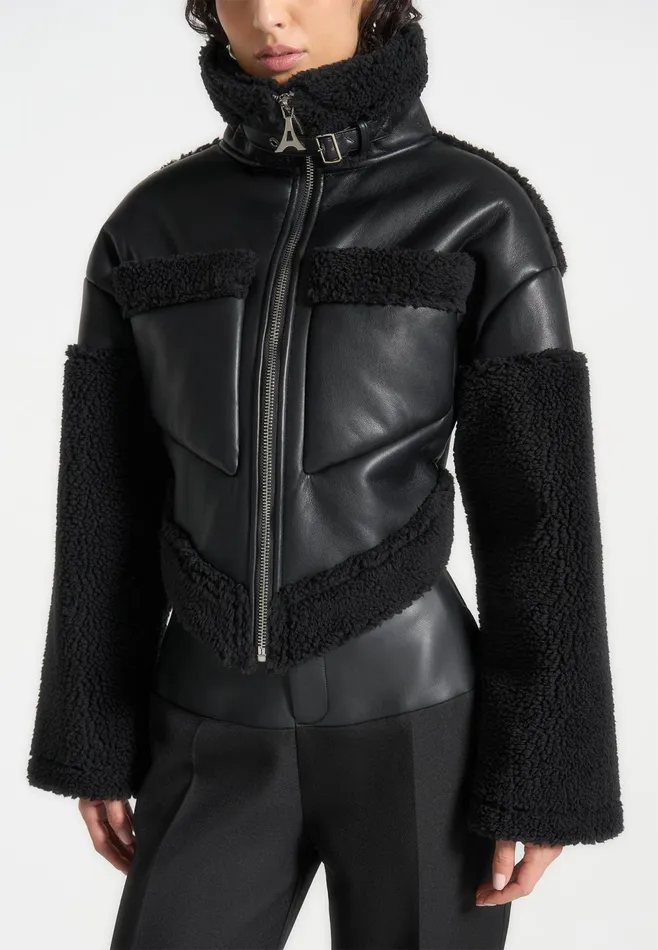 Women Manire De Voir Angular Hem Leather Borg Biker Jacket Black