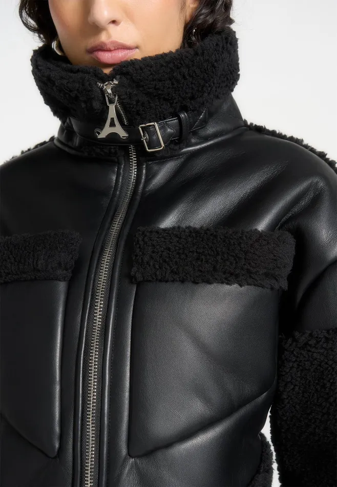 Women Manire De Voir Angular Hem Leather Borg Biker Jacket Black