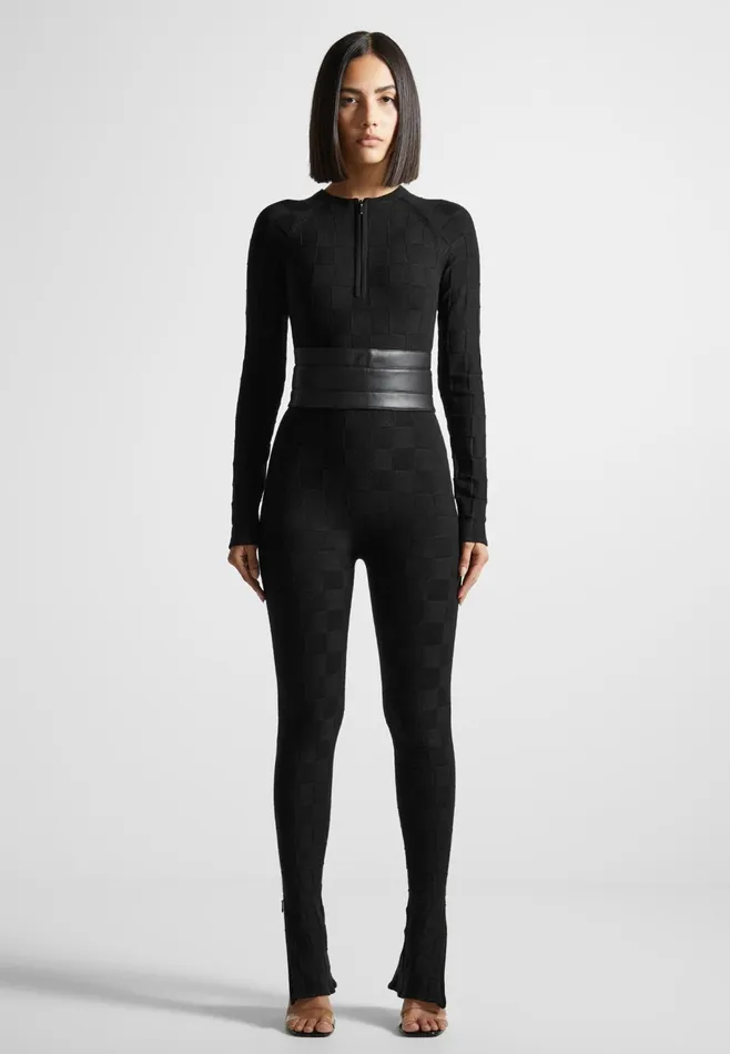 Women Manire De Voir Chequerboard Knit Jumpsuit With Belt Black