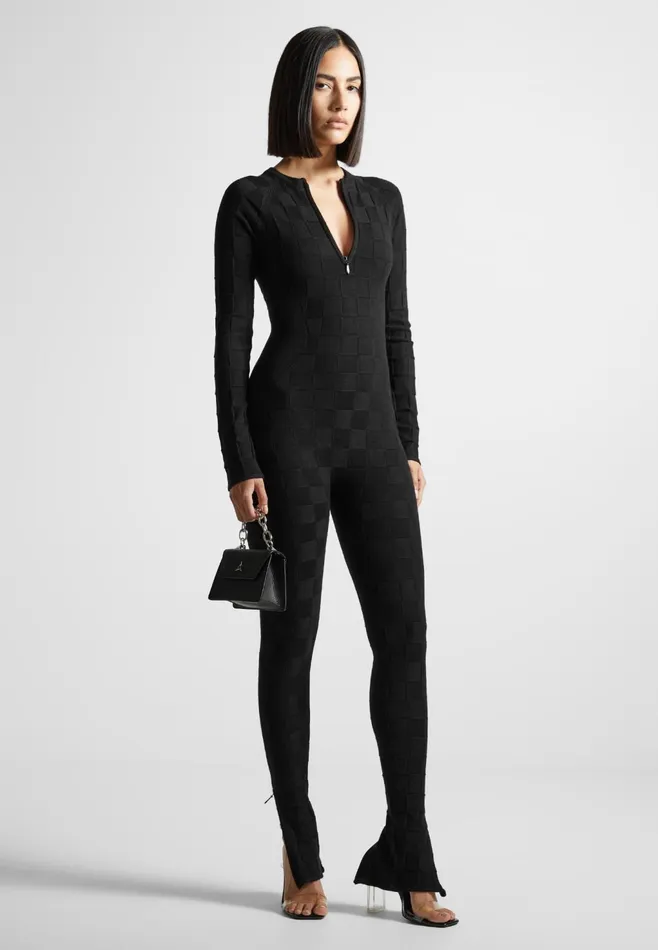 Women Manire De Voir Chequerboard Knit Jumpsuit With Belt Black