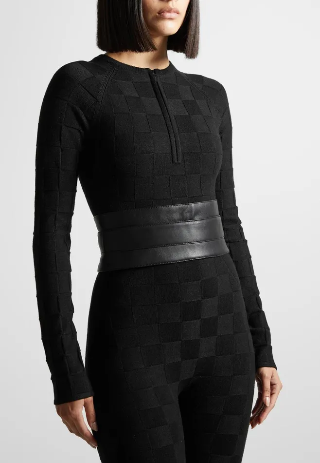 Women Manire De Voir Chequerboard Knit Jumpsuit With Belt Black
