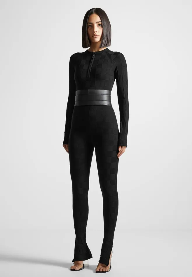 Women Manire De Voir Chequerboard Knit Jumpsuit With Belt Black