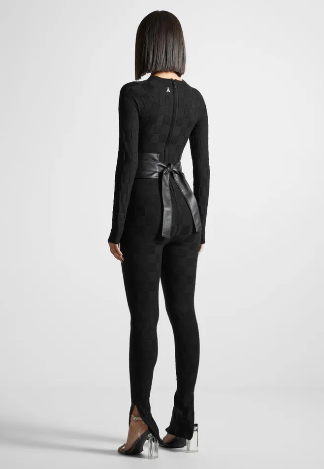 Women Manire De Voir Chequerboard Knit Jumpsuit With Belt Black