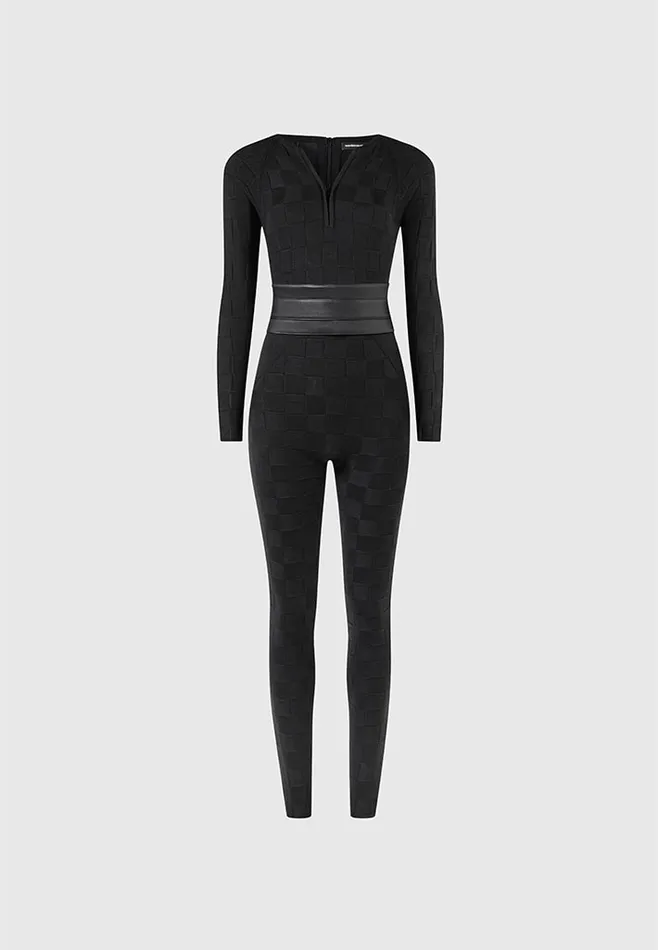 Women Manire De Voir Chequerboard Knit Jumpsuit With Belt Black