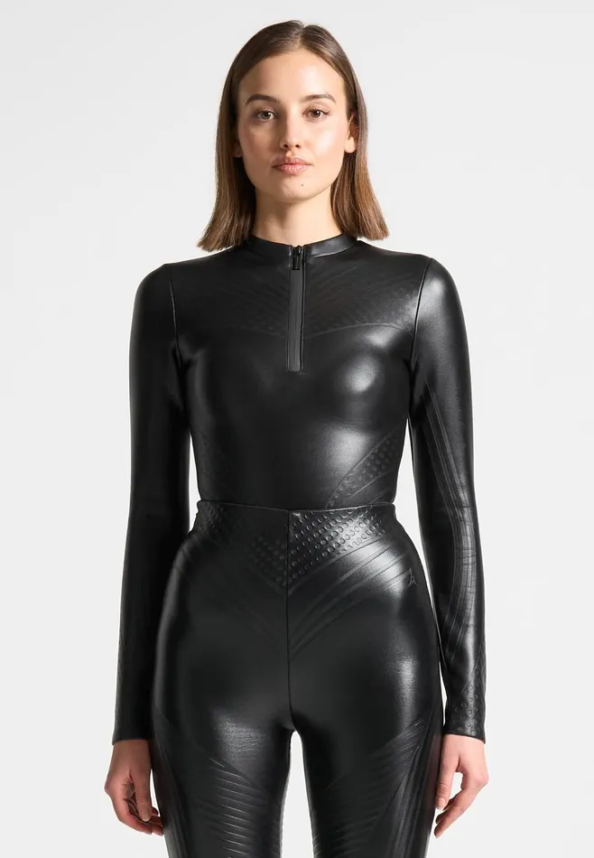 Women Manire De Voir Debossed Contour Long Sleeve Bodysuit Black