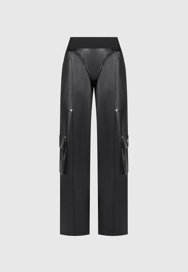 Women Manire De Voir Elasticated Waist Leather Cargo Trousers Black