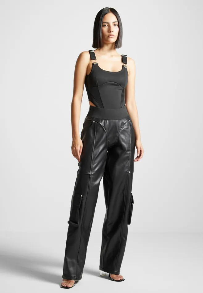 Women Manire De Voir Elasticated Waist Leather Cargo Trousers Black