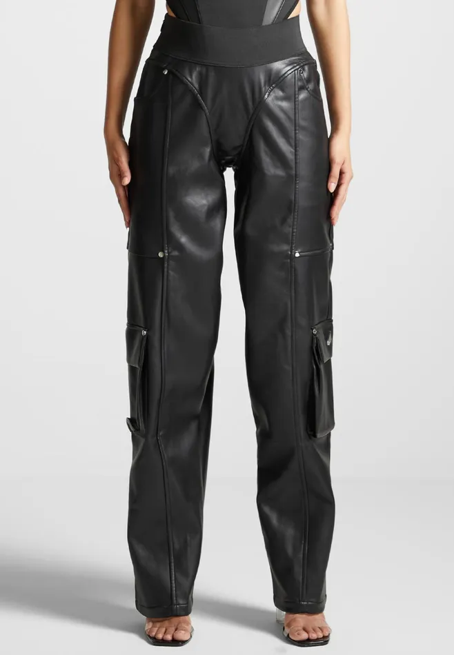 Women Manire De Voir Elasticated Waist Leather Cargo Trousers Black