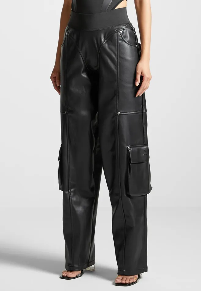 Women Manire De Voir Elasticated Waist Leather Cargo Trousers Black