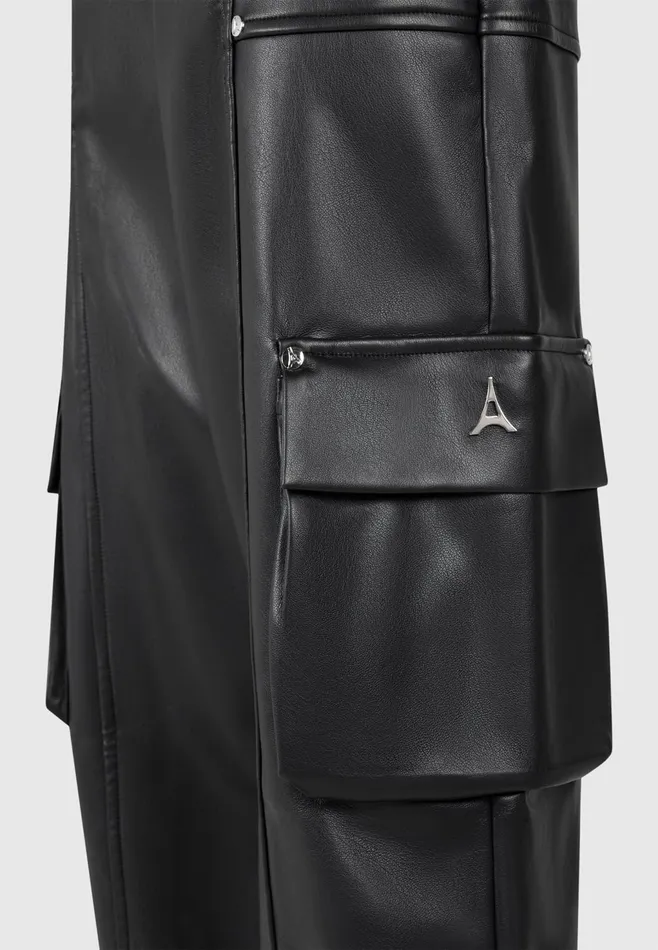 Women Manire De Voir Elasticated Waist Leather Cargo Trousers Black