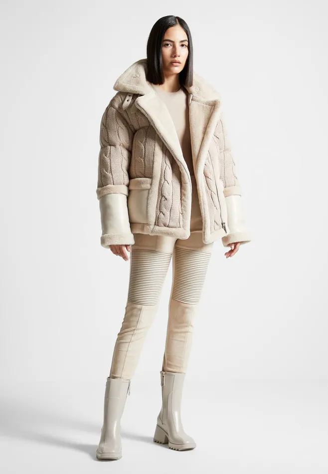 Women Manire De Voir Knit And Plush Puffer Biker Jacket Beige