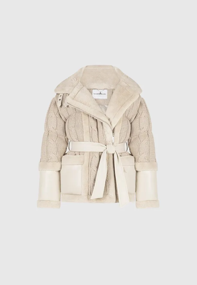 Women Manire De Voir Knit And Plush Puffer Biker Jacket Beige