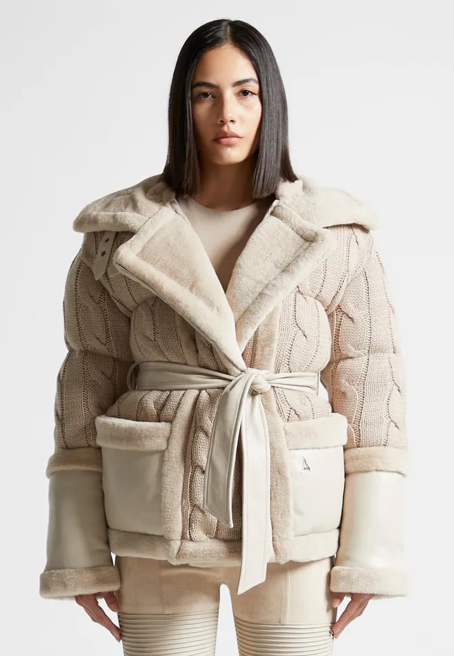 Women Manire De Voir Knit And Plush Puffer Biker Jacket Beige