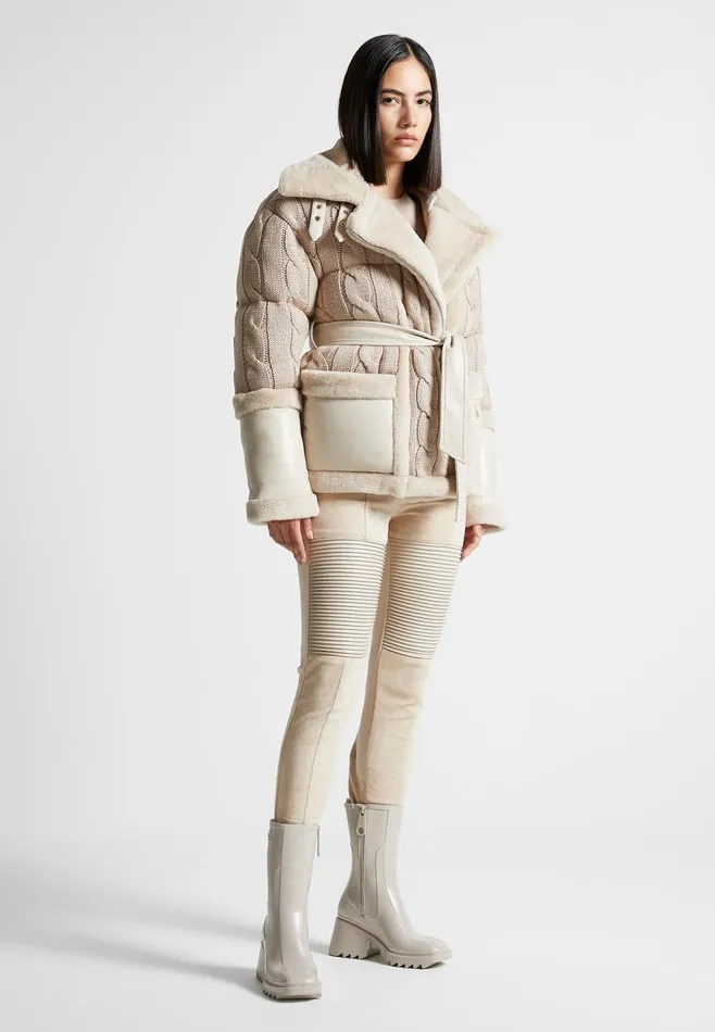 Women Manire De Voir Knit And Plush Puffer Biker Jacket Beige