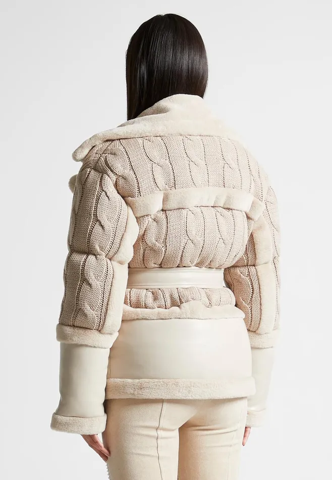 Women Manire De Voir Knit And Plush Puffer Biker Jacket Beige