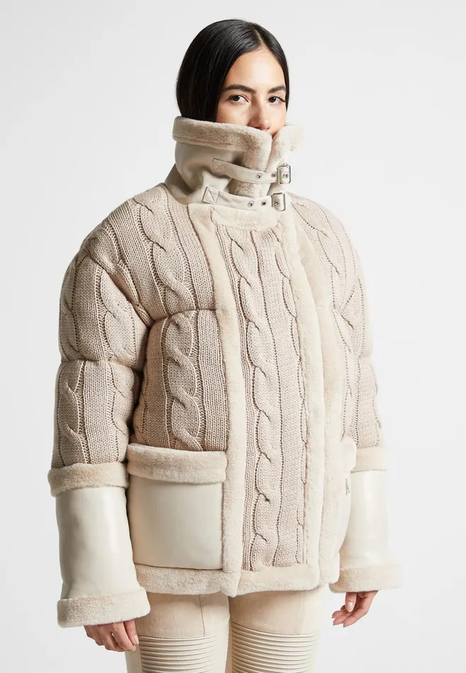 Women Manire De Voir Knit And Plush Puffer Biker Jacket Beige