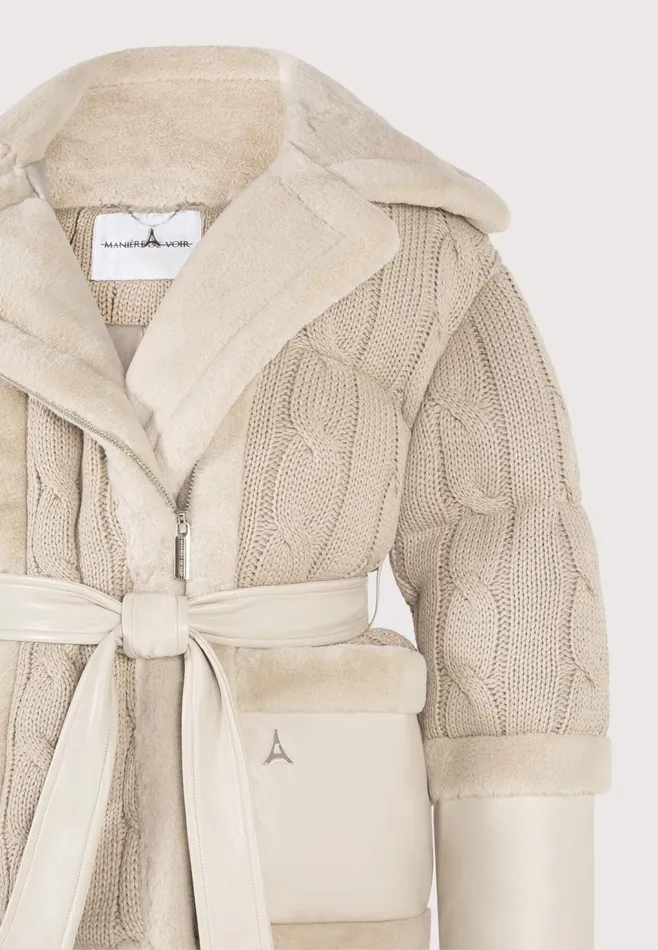 Women Manire De Voir Knit And Plush Puffer Biker Jacket Beige