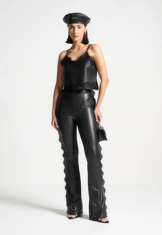 Women Manire De Voir Lace Trim Leather Fit And Flare Leggings Black