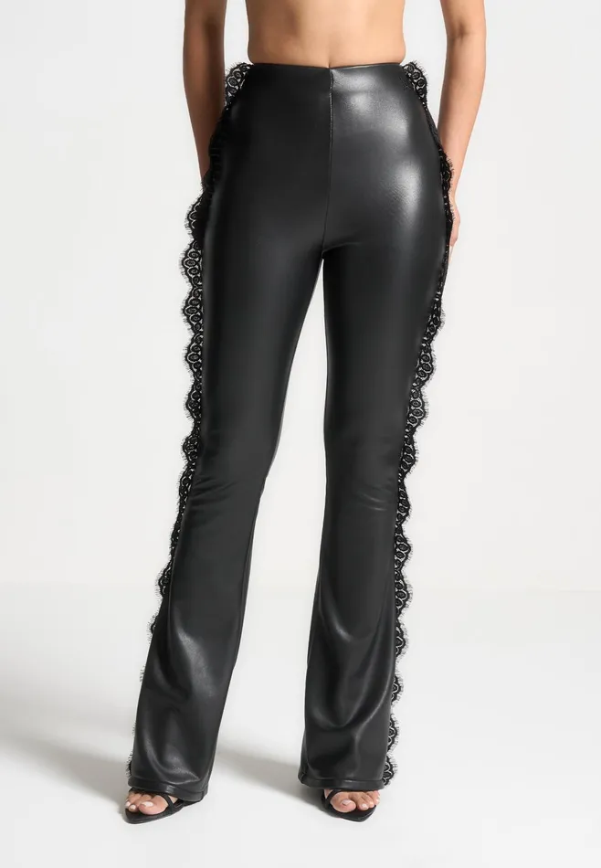Women Manire De Voir Lace Trim Leather Fit And Flare Leggings Black