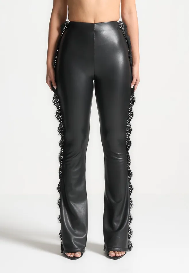 Women Manire De Voir Lace Trim Leather Fit And Flare Leggings Black