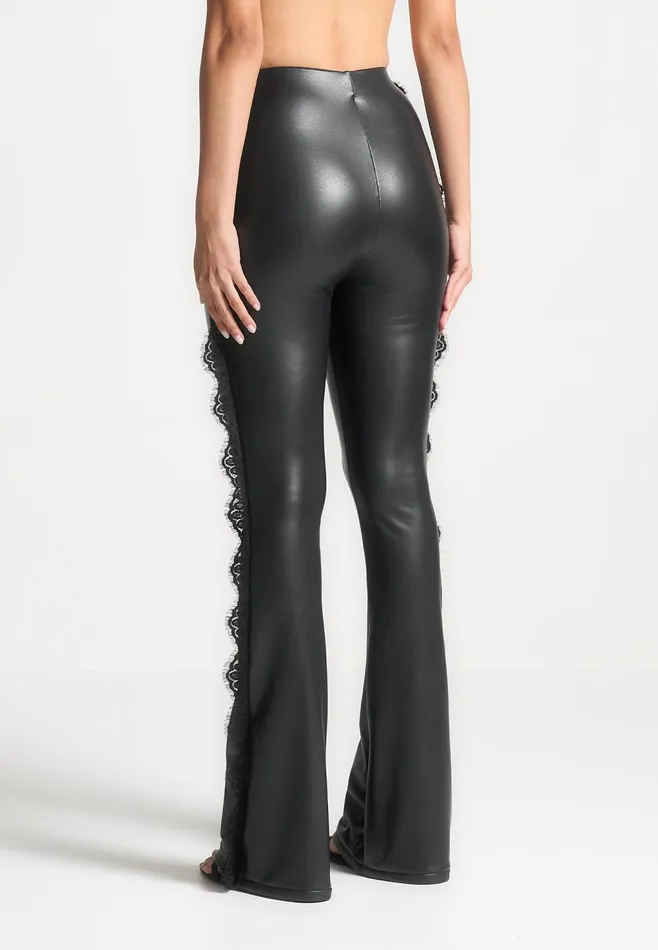 Women Manire De Voir Lace Trim Leather Fit And Flare Leggings Black
