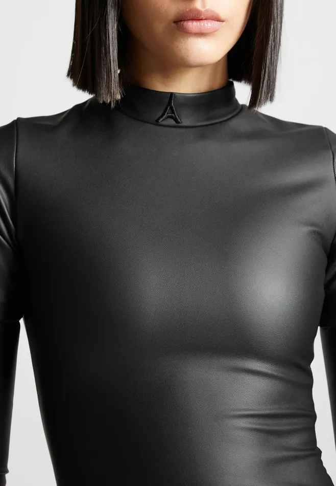 Women Manire De Voir Leather Bodycon Dress With Gloves Black