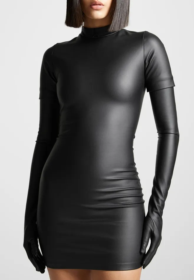 Women Manire De Voir Leather Bodycon Dress With Gloves Black