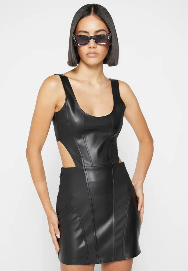 Women Manire De Voir Leather Corset Mini Dress Black