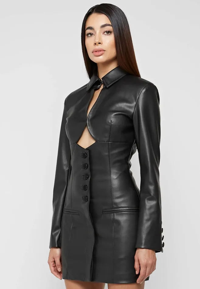 Women Manire De Voir Leather Cut Out Blazer Dress Black