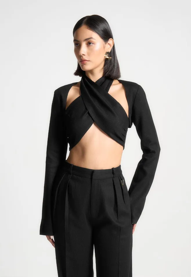 Women Manire De Voir Linen Crossover Bolero Top Black