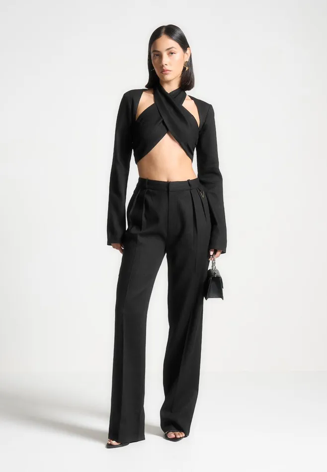 Women Manire De Voir Linen Crossover Bolero Top Black