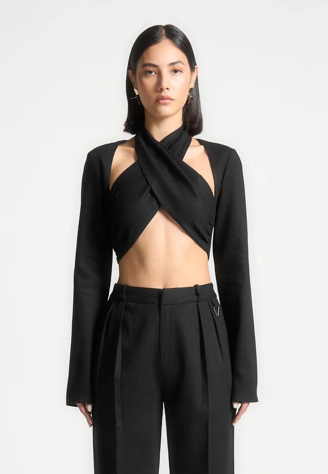 Women Manire De Voir Linen Crossover Bolero Top Black